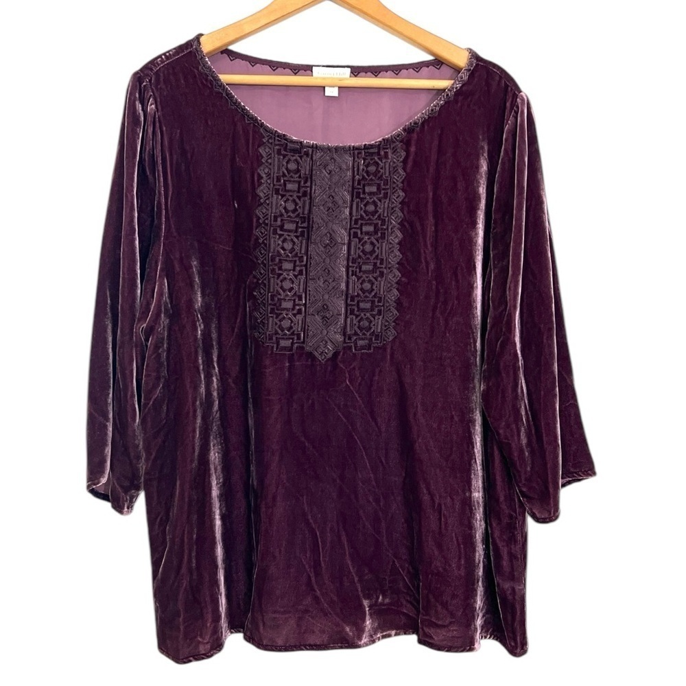 GARNET HILL Women 12 Large Purple Velvet EMBROIDERED RAYON SILK Tunic Top Shirt
